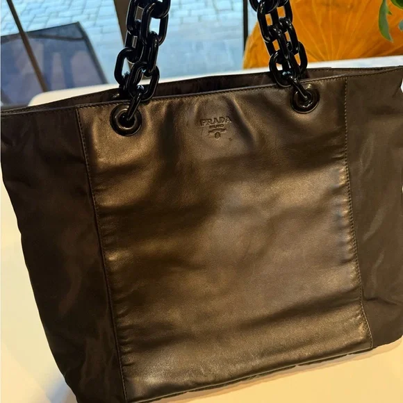 Prada Black Leather& Canvas Tote Bag - Picture 3 of 13